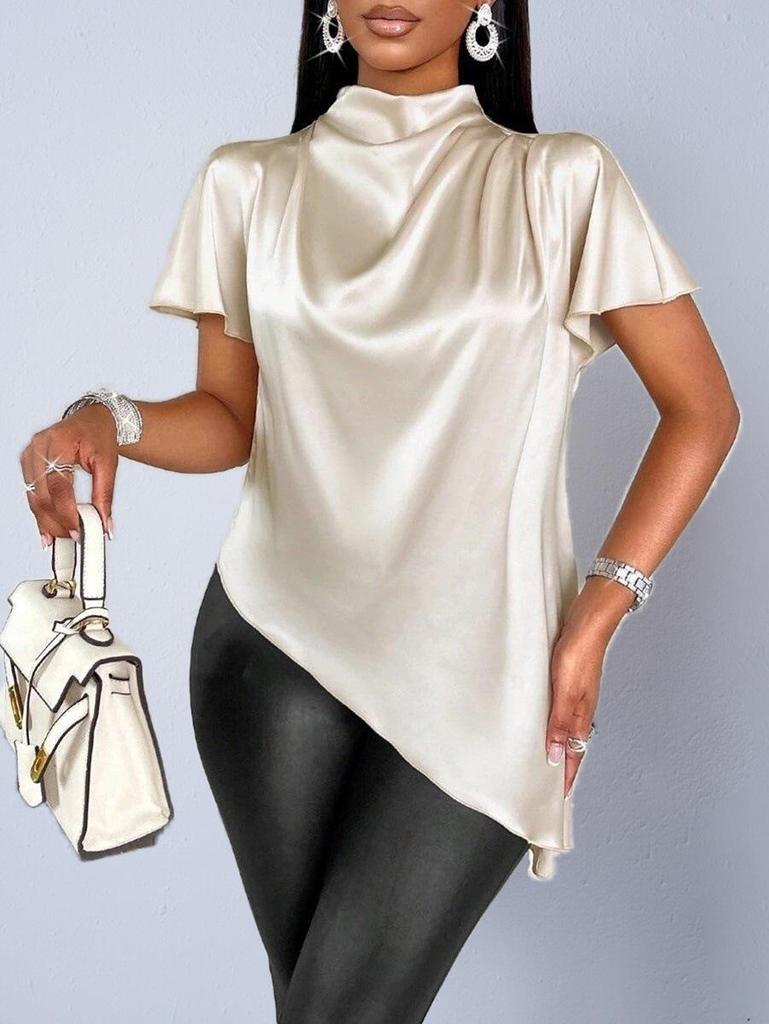 Autumn Faux Silk Asymmetrical Hem Women's Shirt 2025