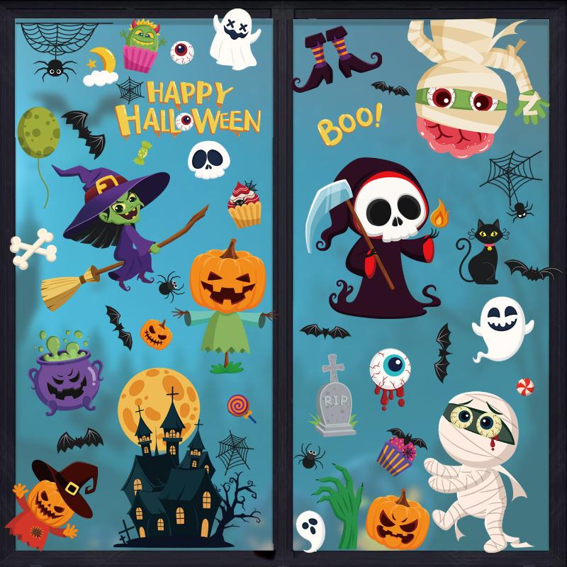 Halloween Window Sticker Pumpkin Witch Bat Castle Pattern Wall Stickers Halloween Decals