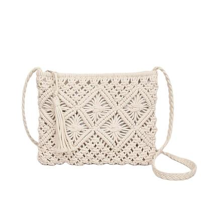 Harujio Makramee-Umhängetasche, Gewebt, Perfekt für Yukata und Japanische Kleidung, Sommer-Pochette, Kleine Stroh-Umhängetasche, Netz, Hanf und Jute (Weiß)