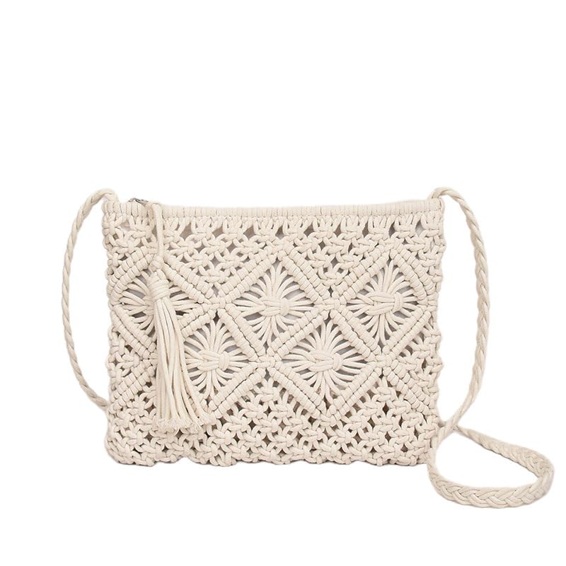 

Harujio Macrame Shoulder Perfect for Yukata and Japanese Summer Small Straw Shoulder and Jute Bag, Woven, Clothing, Pochette, Bag, Mesh, Hemp, (White) білий