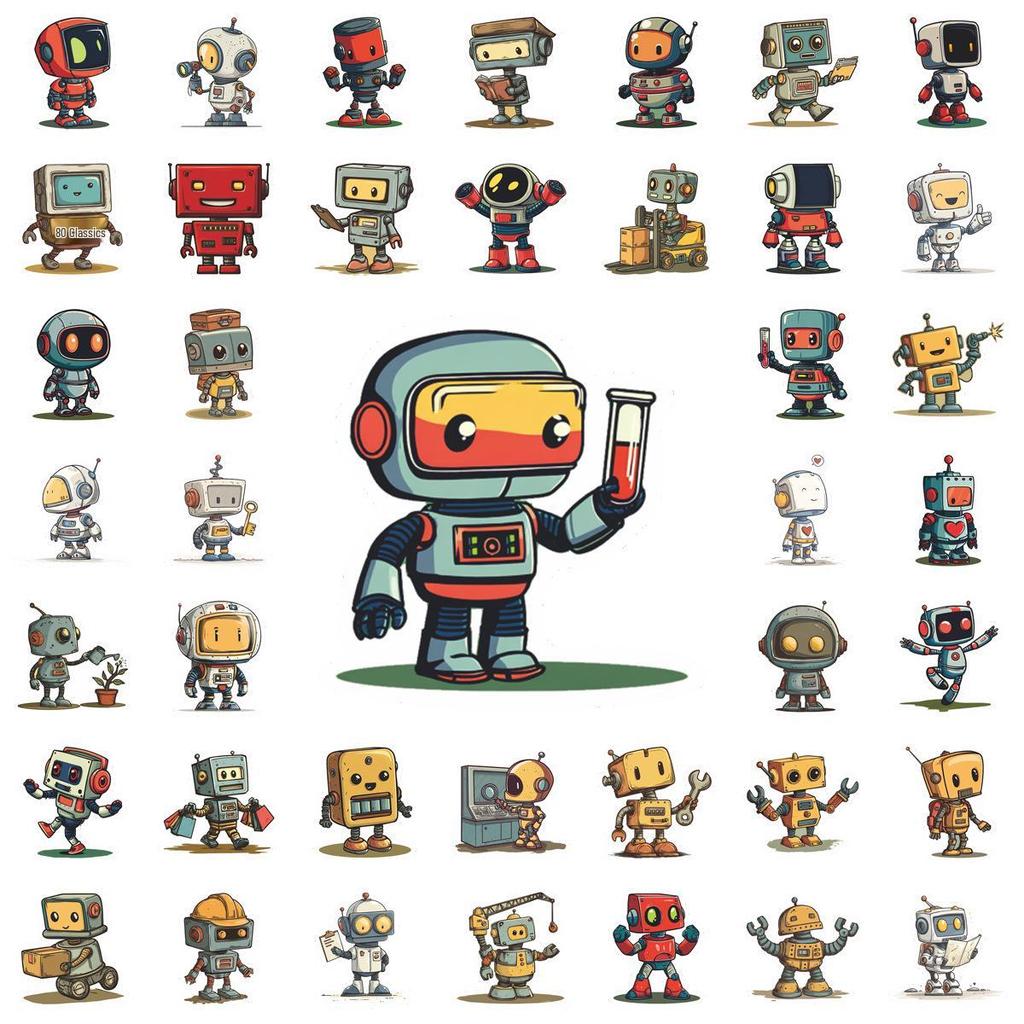 50 Retro Cartoon Robot Stickers: Childlike Fun for Journals and Notebook Decorations