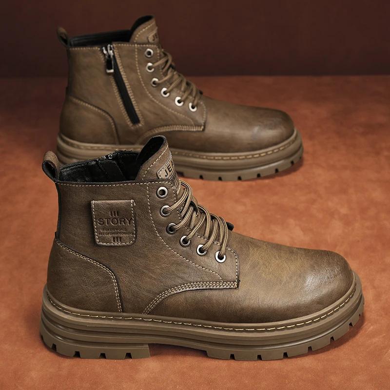 Italian Men Casual Leather  Boots 2024 New Classic Flat Designer Antiskid Ankle Boots Platform Rubber Lace-up Round Toe Boots