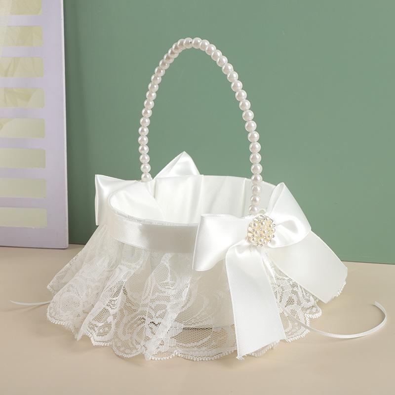 Flower Girl Basket Black White, Pearl Handle Wedding Toss Confetti Holder, Handheld Floral Container for Ceremony