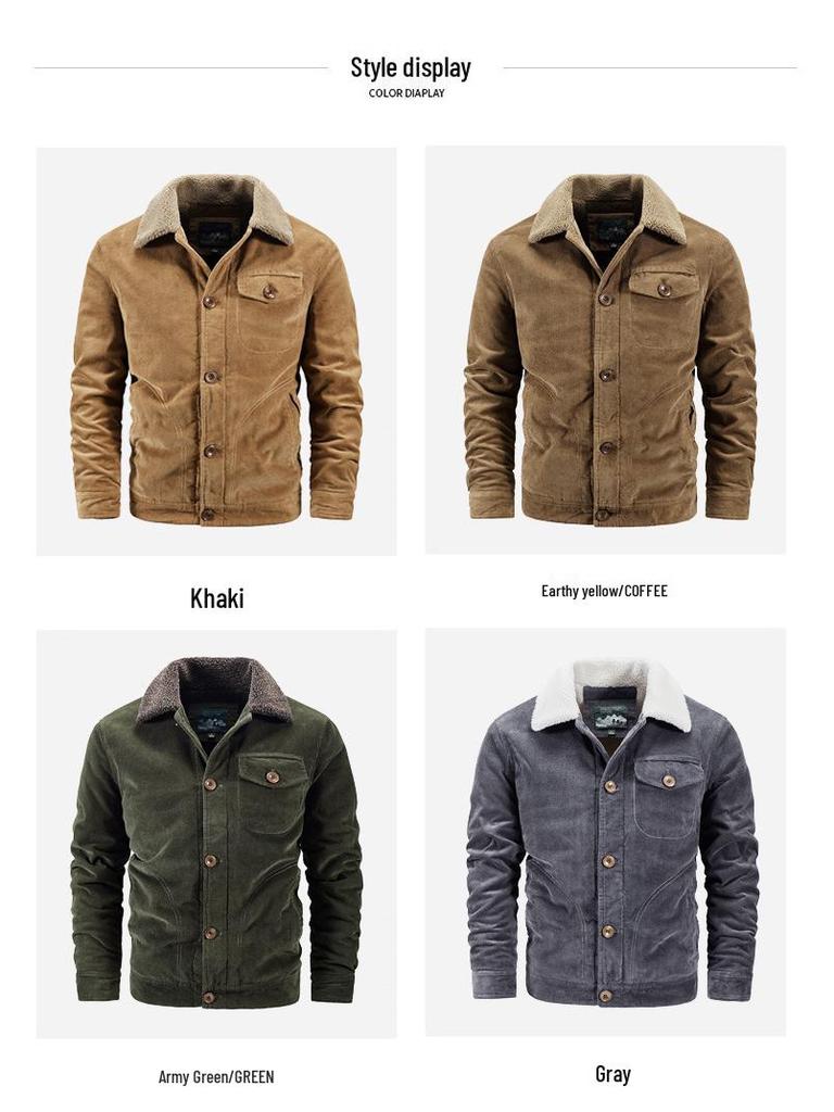 Men's Plus Size Fleece-Lined Corduroy Cotton Jacket - Casual and Loose Fit