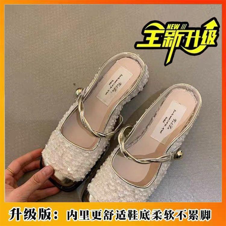 Gentle Daughter Feeling! Celebrity Style Bag Head Half Slippers Year Summer Thick Heel Mary Jane Single Shoes