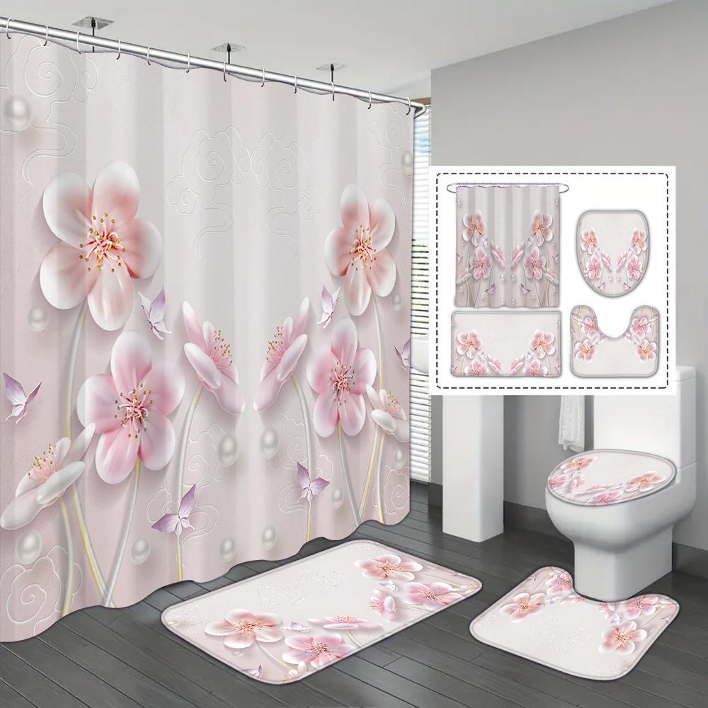 4-piece Set of Blue White Jade Orchid Waterproof Printed Shower Curtains with 12 Hooks, Bathroom Floor Mats