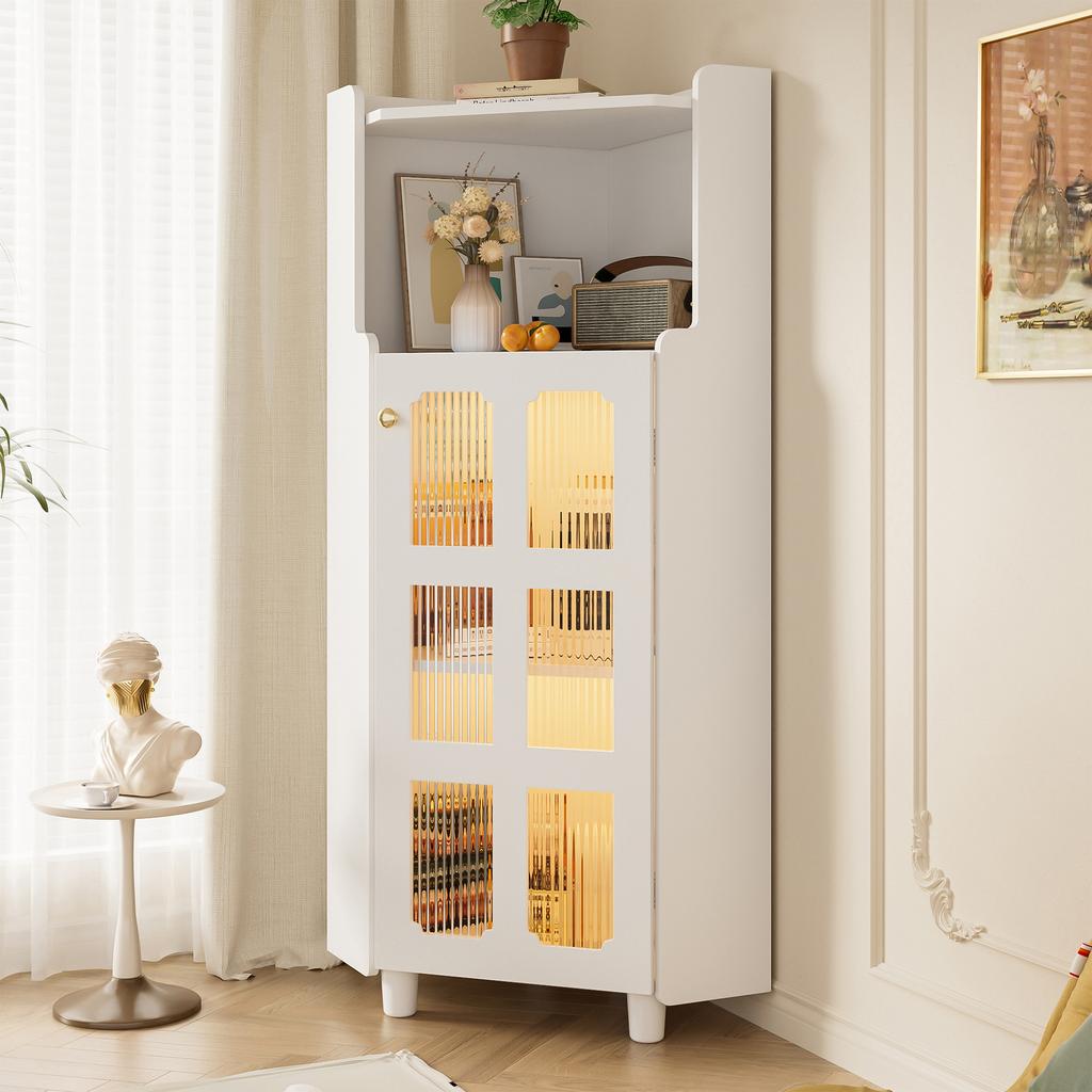 Angoliera Bianca con Finitura Laccata e Illuminazione LED – Cassettiera con Controllo App, per Soggiorno, Libreria, Bagno (63,5*124 cm, Bianco)
