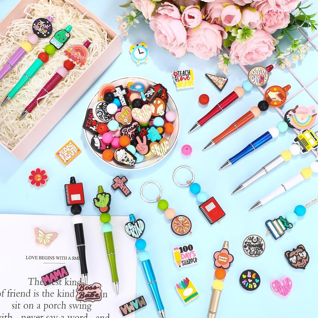 122 Pcs Silicone Focal Beads for DIY Pens Making Kit Include 12 Beadable Pens 110 Silicone Focal Beads for Pen Keychains DIY Making