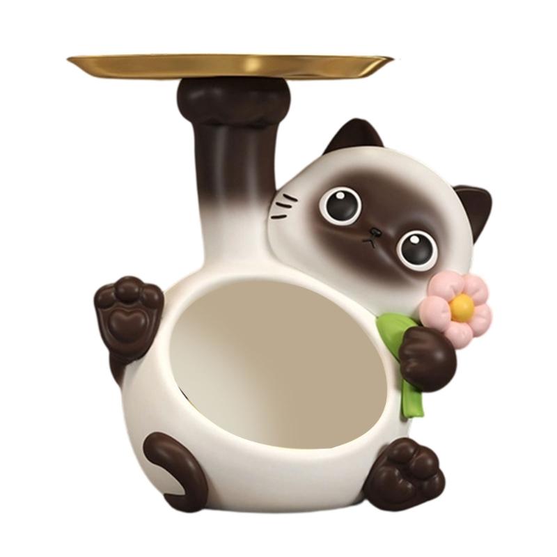 Multifunctional Resin Siamese Cats Statue Desktop Ornament for Key Storage Tray Decorative Display and Housewarming Gift