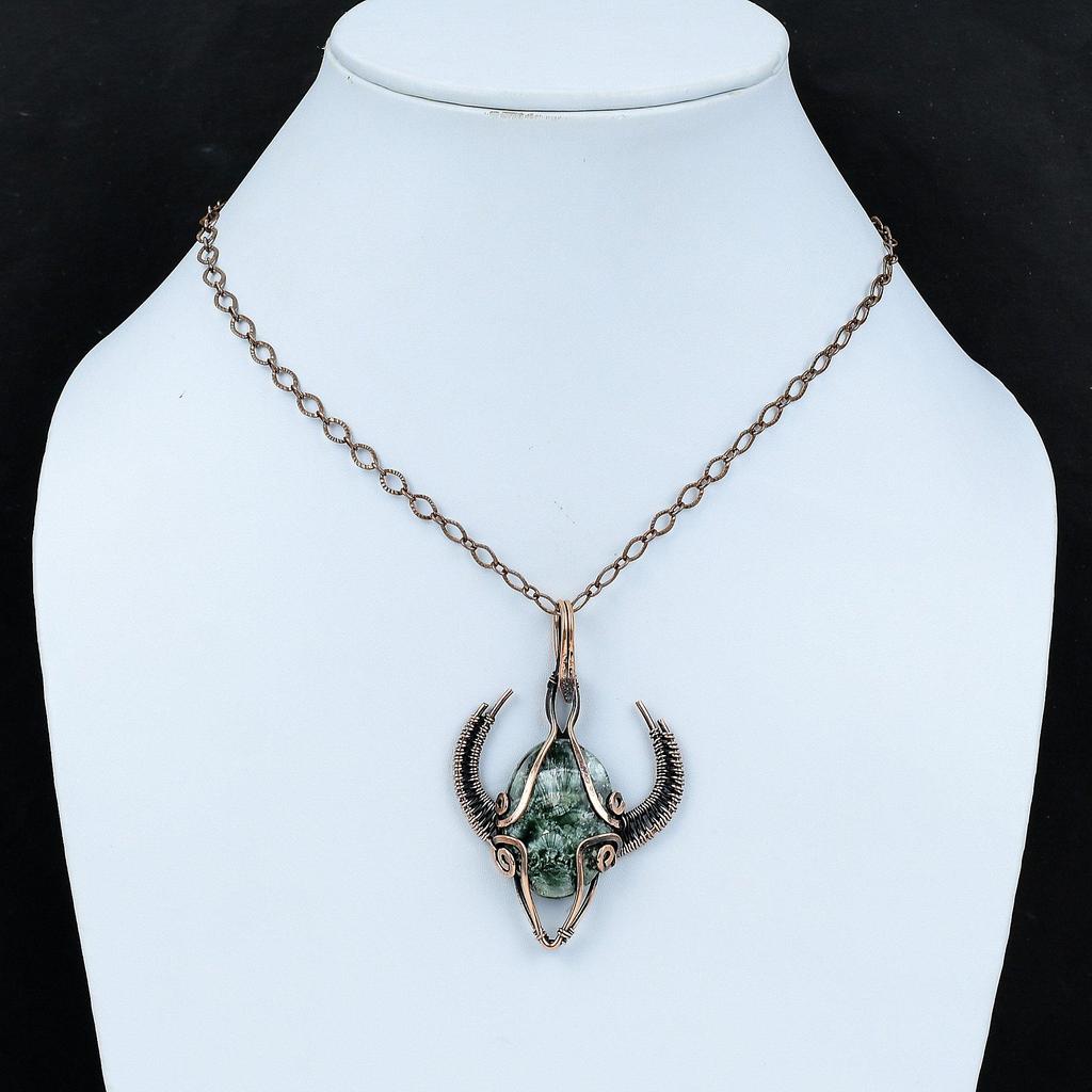 Seraphinite Pendant Copper Wire Wrapped Gemstone Pendant Handmade Copper Jewelry Gift For Him Wire Wrapped Jewelry Bull Face Shape Pendants