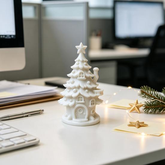 Compact Desktop Christmas Decor 3D Printed Tree House DIY Kit, White Primer Miniature Model for Painting, Holiday Craft Kids, Micro Landscape Ornament