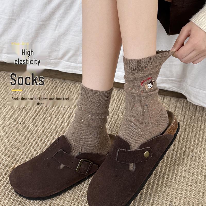 Damskie wełniane skarpety do połowy łydki: Przędza z nierównościami, Haft z pieskiem, Bezszwowy i oddychający, Jesienno-zimowy wzór kreskówkowy