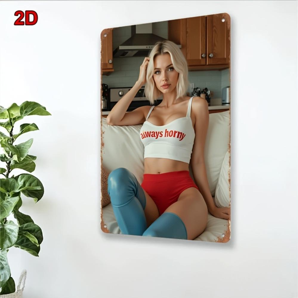 Vintage Sexy Short Hair Lady Metal Wall Decor 8"x12" - White Top Red Shorts Design Durable Indoor/Outdoor Sign for Man Cave Bar