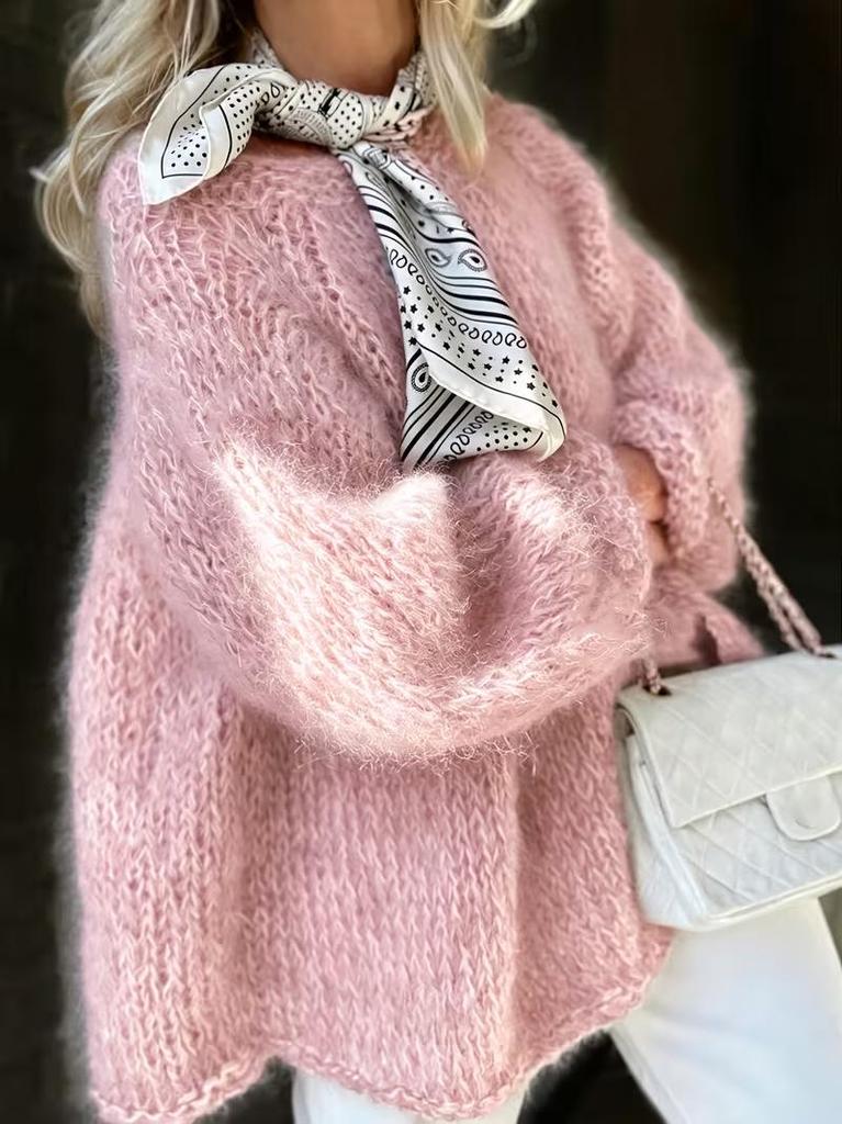 Suéter de Punto de Mohair Sintético Otoño/Invierno: Suelto, Moderno, Cuello Redondo Mangas de Linterna, Suéter Suave