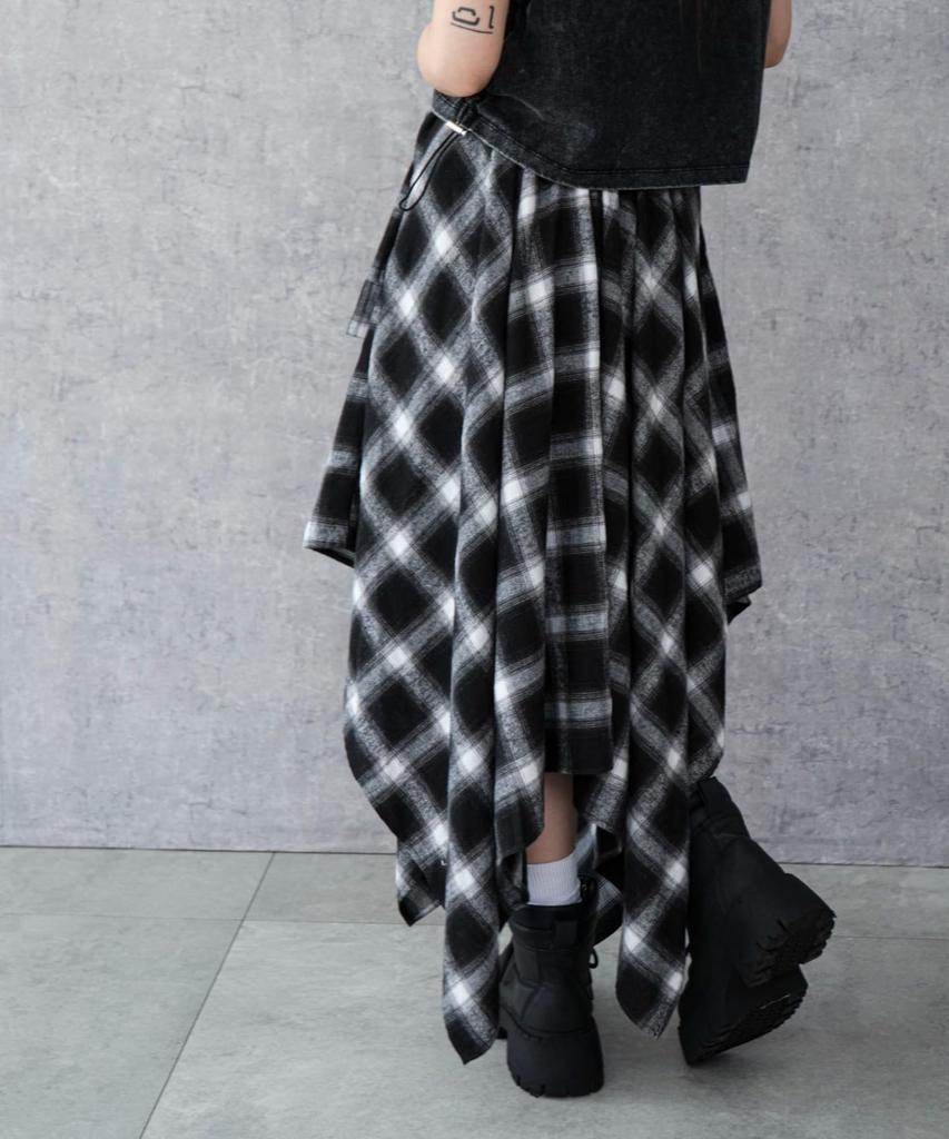 WEGO Irregular Hem Long Checkered Korean Size Black Women's Flannel-Like Skirt, Skirt, Fall/Winter Outfit, Streetwear, Casual, Style, Gift, F,