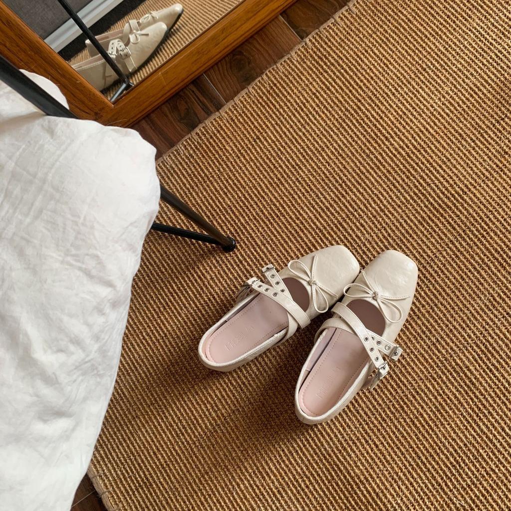 2025 spring and autumn new niche cross belt buckle sweet cool bow Mary Jane shoes inner height increase ballet single shoes women