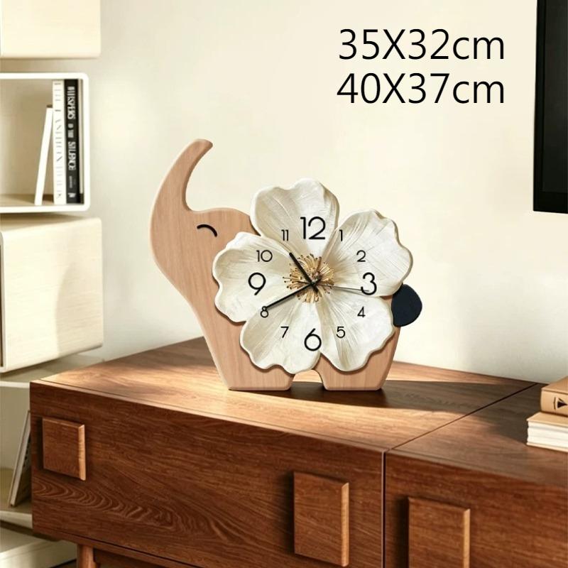 Cream Retro Elephant Flower Table Clock Silent Desk Clock Wooden Creative Decorative Ornament for Living Room Home Decor
