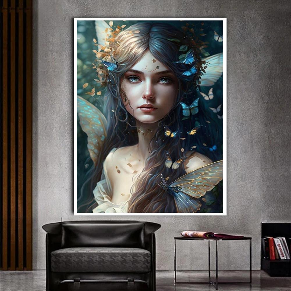 Abstract Canvas Painting Magic Fairy Wear Flowers Butterflies Poster Printing Fantasy Art Women Painting For Modern Home Decor No Frame