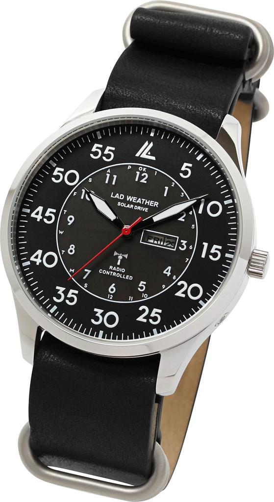 LAD WEATHER Slim Solar Military Watch with Luminous Genuine lad046 x Men's Radio-Controlled Hands, Leather, (Black Black)