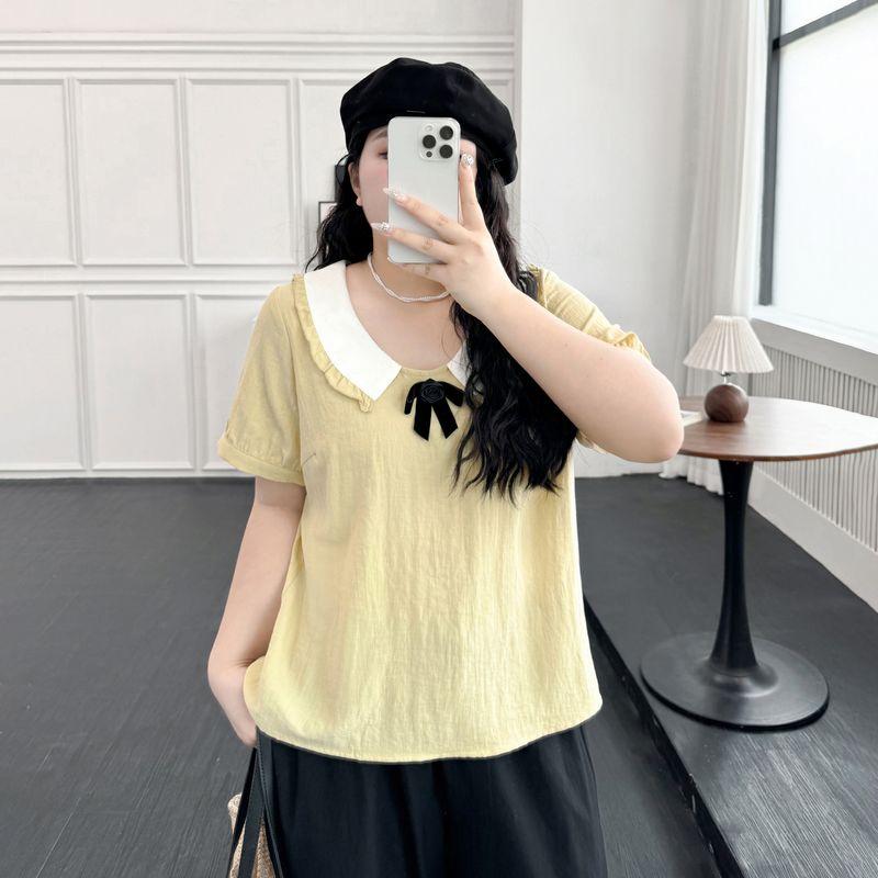 

Plus size women clothing [Artistic Sweet Shirt] Texture Contrast Color Doll Collar Bow 100.00kg Short sleeve Top