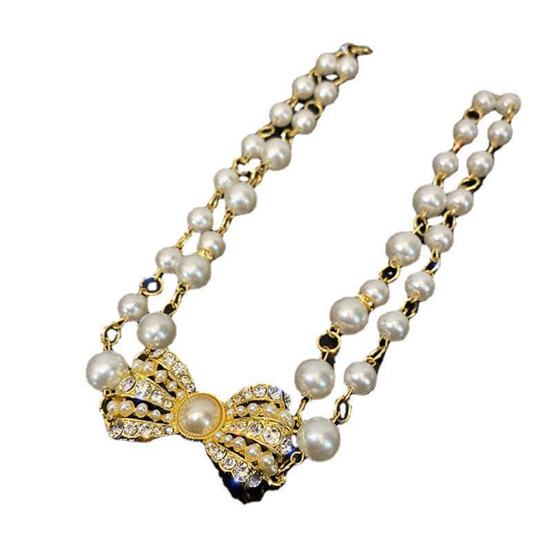 Retro Court Style Double Layer Pearl & Diamond Necklace - Elegant Choker for Women