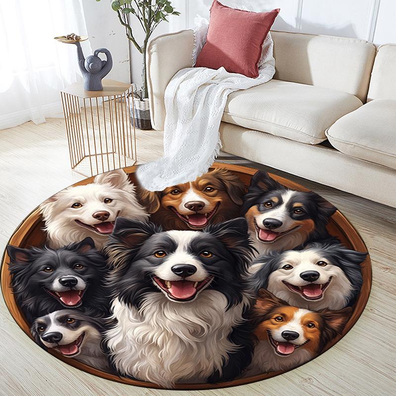Border Collies Runder Teppich, Teppich für Wohnzimmer Schlafzimmer Sofa Spielzimmer Dekor, Rutschfeste Bodenmatte