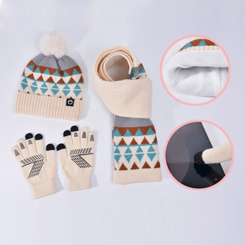 Winter Warm Hat Scarf Three-piece Set Women's Outdoor Velvet Coldproof Cap Knitted Wool Cap