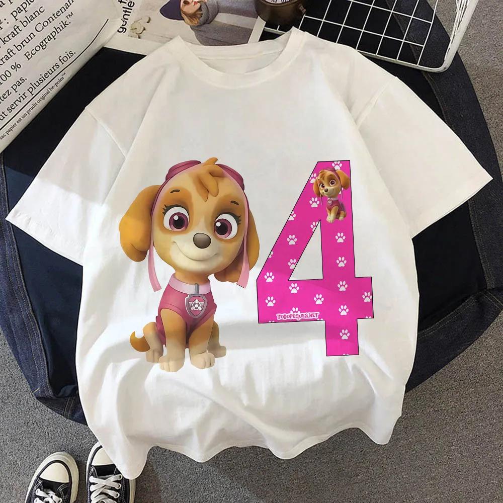 Paw Patrol Birthday Number Tee Shirt Baby Summer Cotton T Shirt Boy Girl Chase Skye Printed Kid Clothes Cartoon Letter Tops Gift