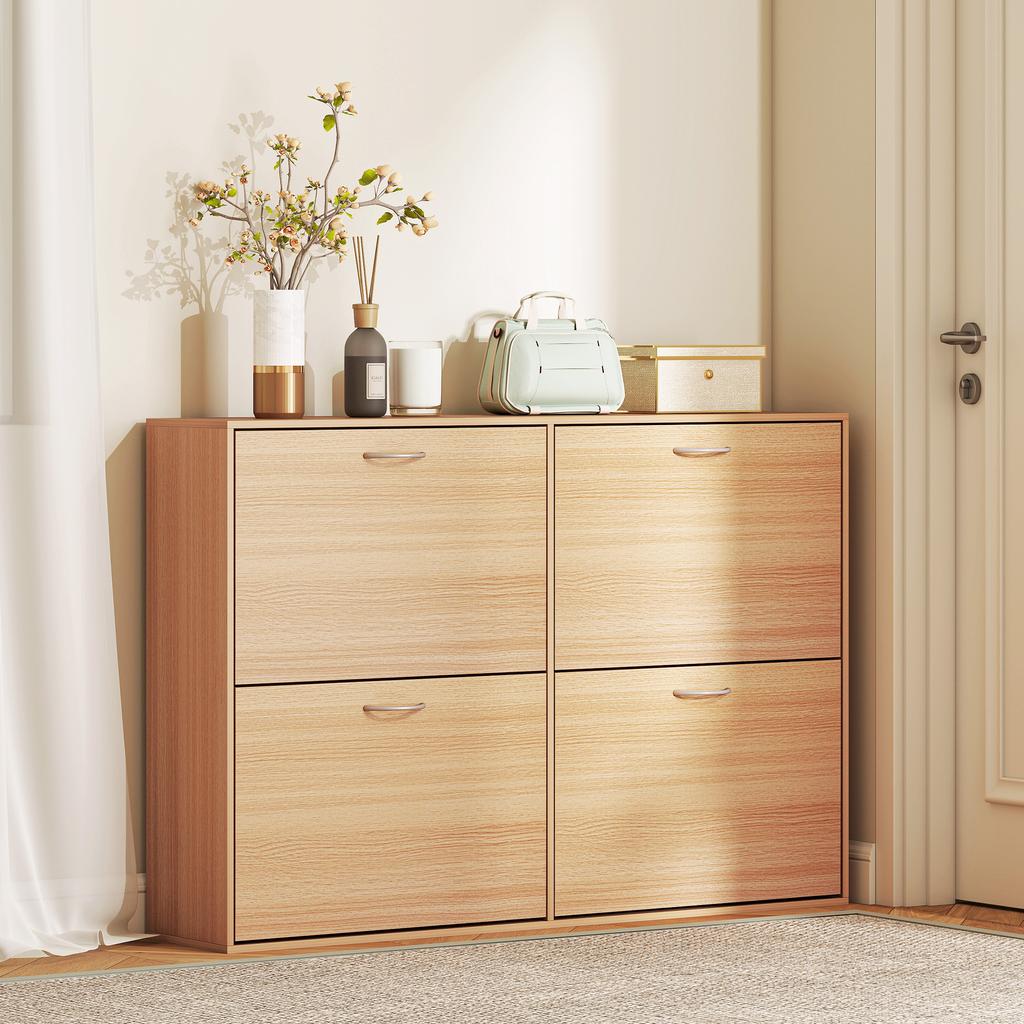 Slim Shoe Cabinet for 24 Pairs, 4 Drop-Down Doors, Adjustable Shelves, 120x24x81cm, Wood