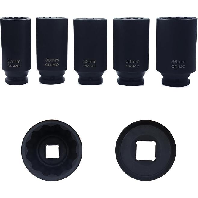 8PCS 1/2-Inch Drive Deep Impact Socket Set, 12 Point Heavy Duty Drive Deep Spindle Axle Nut, Impact Socket Nut Removal and Installation Kit.