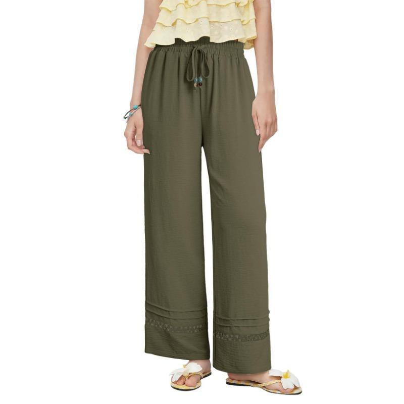 Casual Loose High Waist Solid Straight Hollow Out Wide Leg Cropped Pants For Women