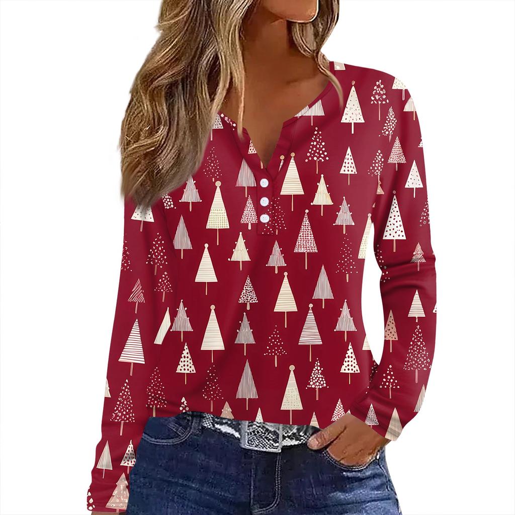 T-skjorte for kvinner Juletrykk Langermet knapp Daglig helgmote Basic V-hals vanlig topp