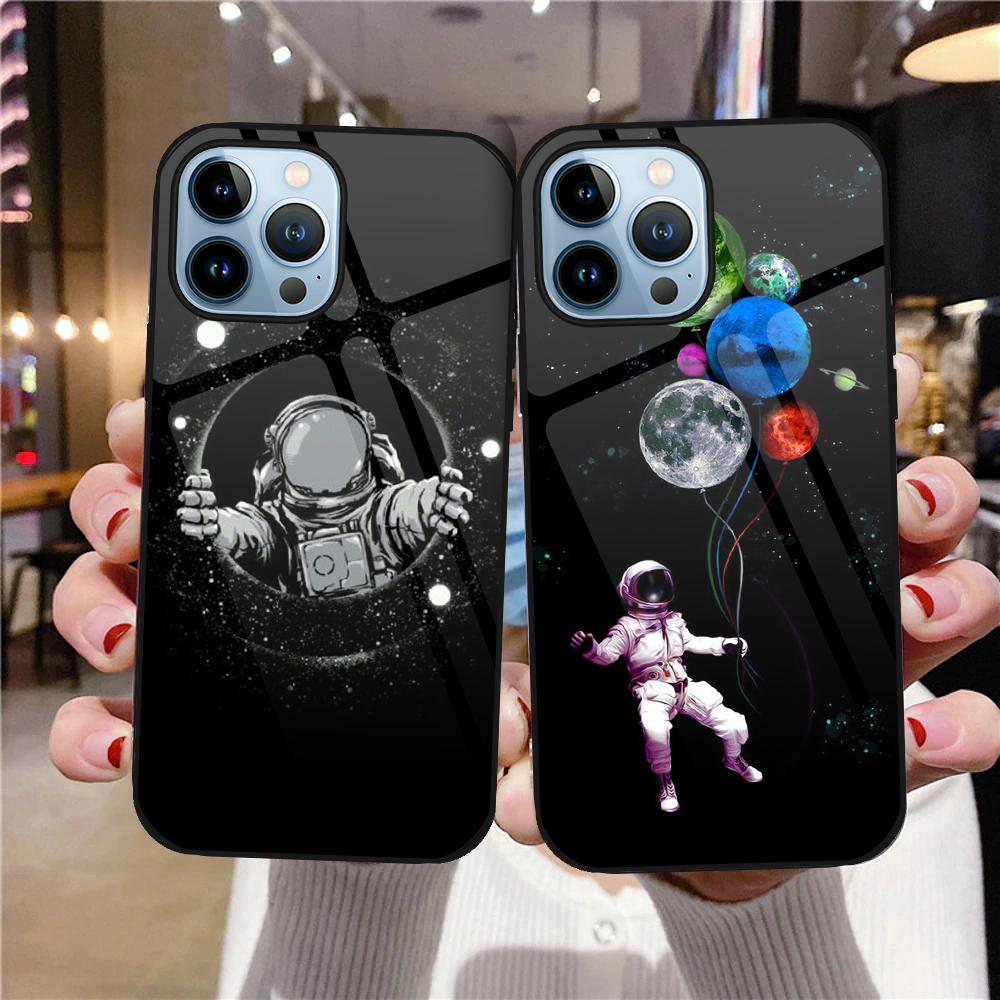 Mond Astronaut Fundas Fall Für Iphone 14 13 11 12 Pro Max Mini Xs Xr X 7 8 6s Plus Se 2022 Gehärtetes Glas Luxus Abdeckung Coque
