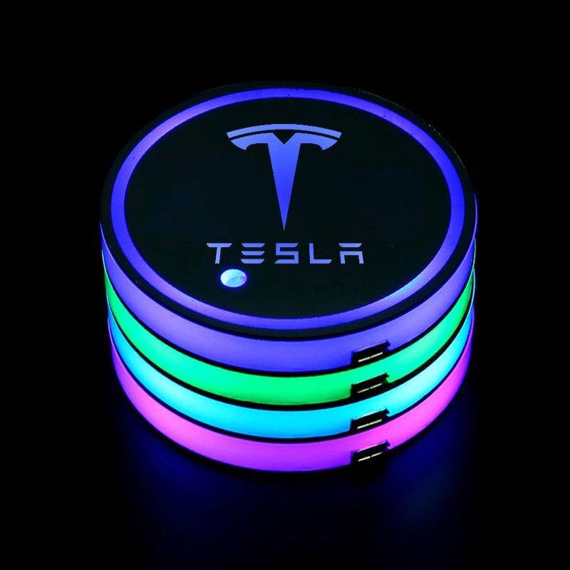 2Pcs 7 Colors Car LED Luminous Water Cup Pads Auto Coaster Mats for Tesla Model Y Model 3 Model S Model X Auto Accessories