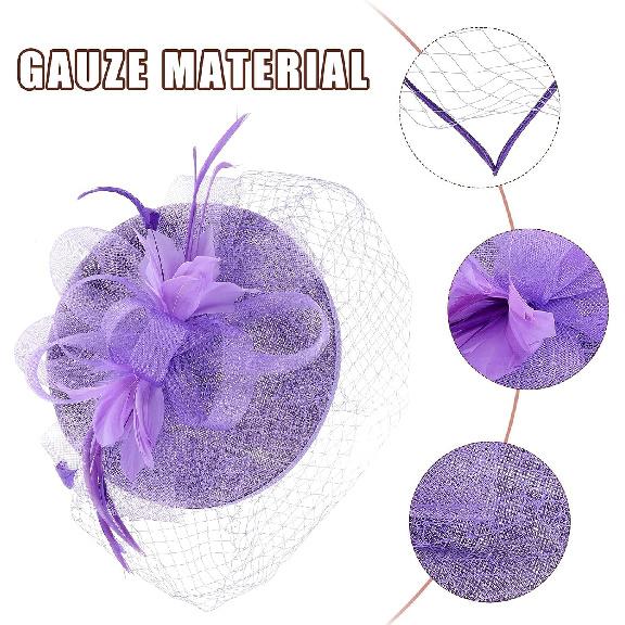 ORFOFE Bridal Mesh Hat with Plumage Flower Purple Wedding Headdress Hair Accessory for Women Special Occasion Tea Party