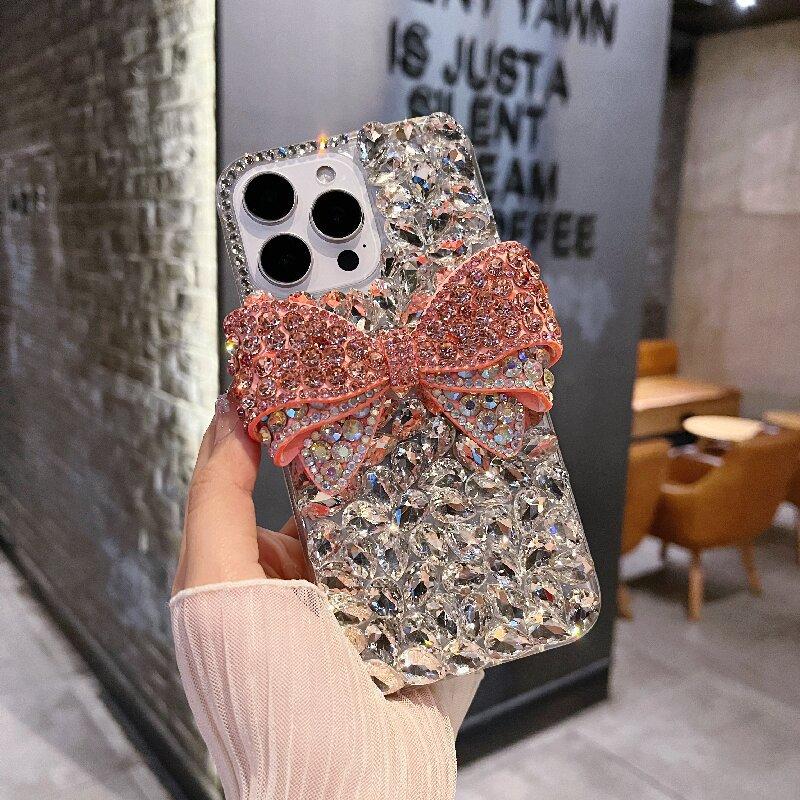 Luxurious Full Diamond Three-dimensional Bow Suitable for Apple 16promax Mobile Phone Case Ipnoe15 Gem 14 13 Women 17