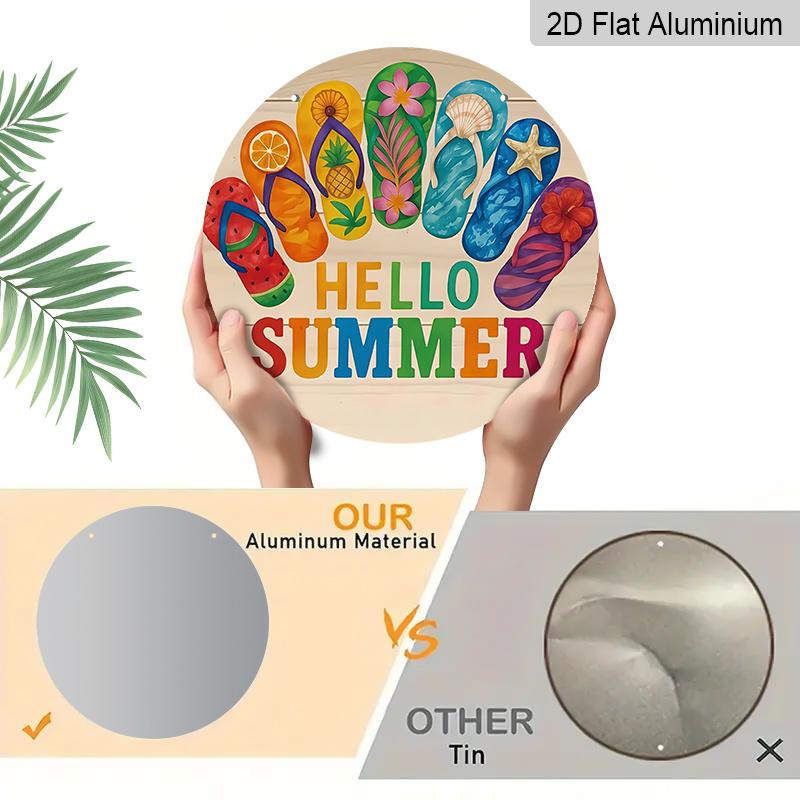2D Flat, 1pc Aluminum Flip Flops Hello Summer Wall Sign - Retro Beach House Decor with Flip-Flop Design, Lightweight Suitable for Bedroom, Kitchen