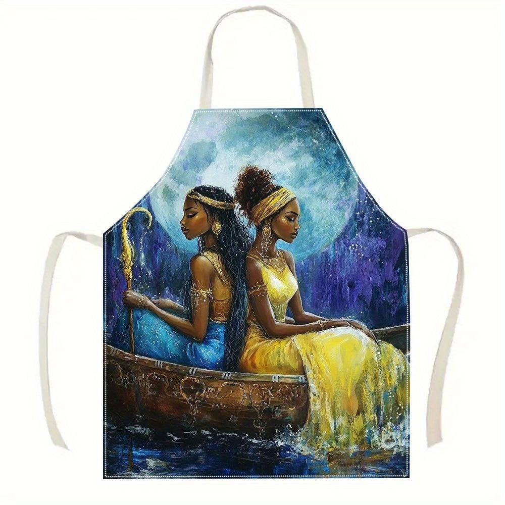 

1pc Enchanting Moonlit Boat Ride Apron Fantasy Art Women In Blue And Yellow Gowns Under Starry Sky Linen Kitchen Cooking 38X47cm(15X19in)