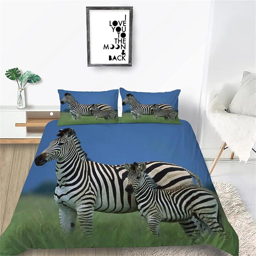 Zebra Duvet Cover Set King Queen Size Polyester Comforter Cover Black And White Stripe Wild Animals For Kids Teens Bedding Set