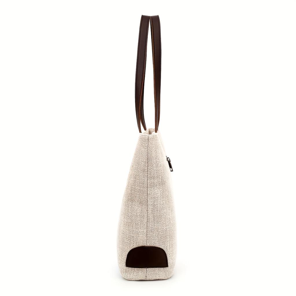 Women Minimalist Beige Large Tote Bag, Brown Shoulder Strap Zip Closure Handbag, Durable Easy Clean Shoulder Bag For College Work Daily Use