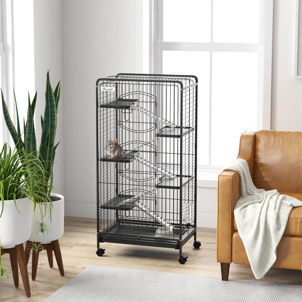 6-Level Rodent Cage with Wheels, Platforms, Removable Tray, Feeder and Waterer, 61.5x44x131 cm, Black