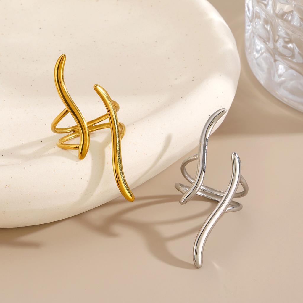 S  Stainless Steel Gold Color Geometric Line Open Ring for Women Simple Metal Irregular Twisted Adjustable Rings Jewelry Gift