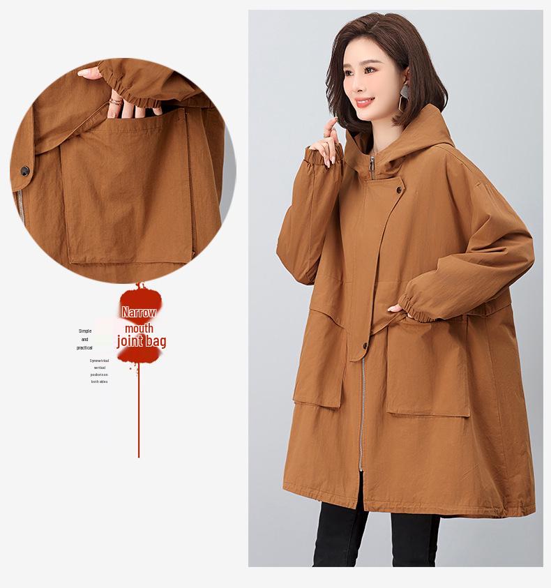 2024 Plus-Size Mid-Length Hooded Trench Coat for Women: Loose, Casual, and Fashionable Spring/Autumn Style Outerwear for Moms.