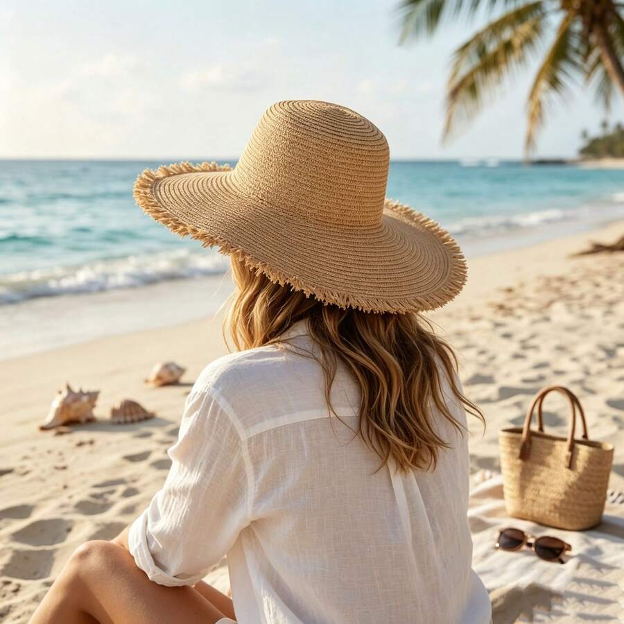 Womens Straw Sun Hat With Black Bow Decor Bohemian Beach Travel Hat