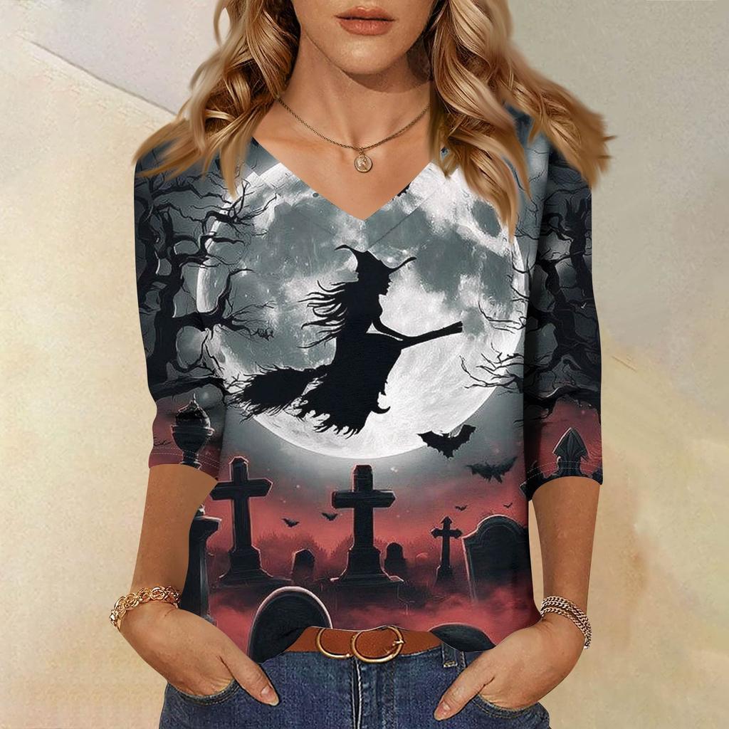 Damenoberteile Dreiviertelarmhemd V-Ausschnitt Lockeres Freizeitshirt Druck T-Shirt