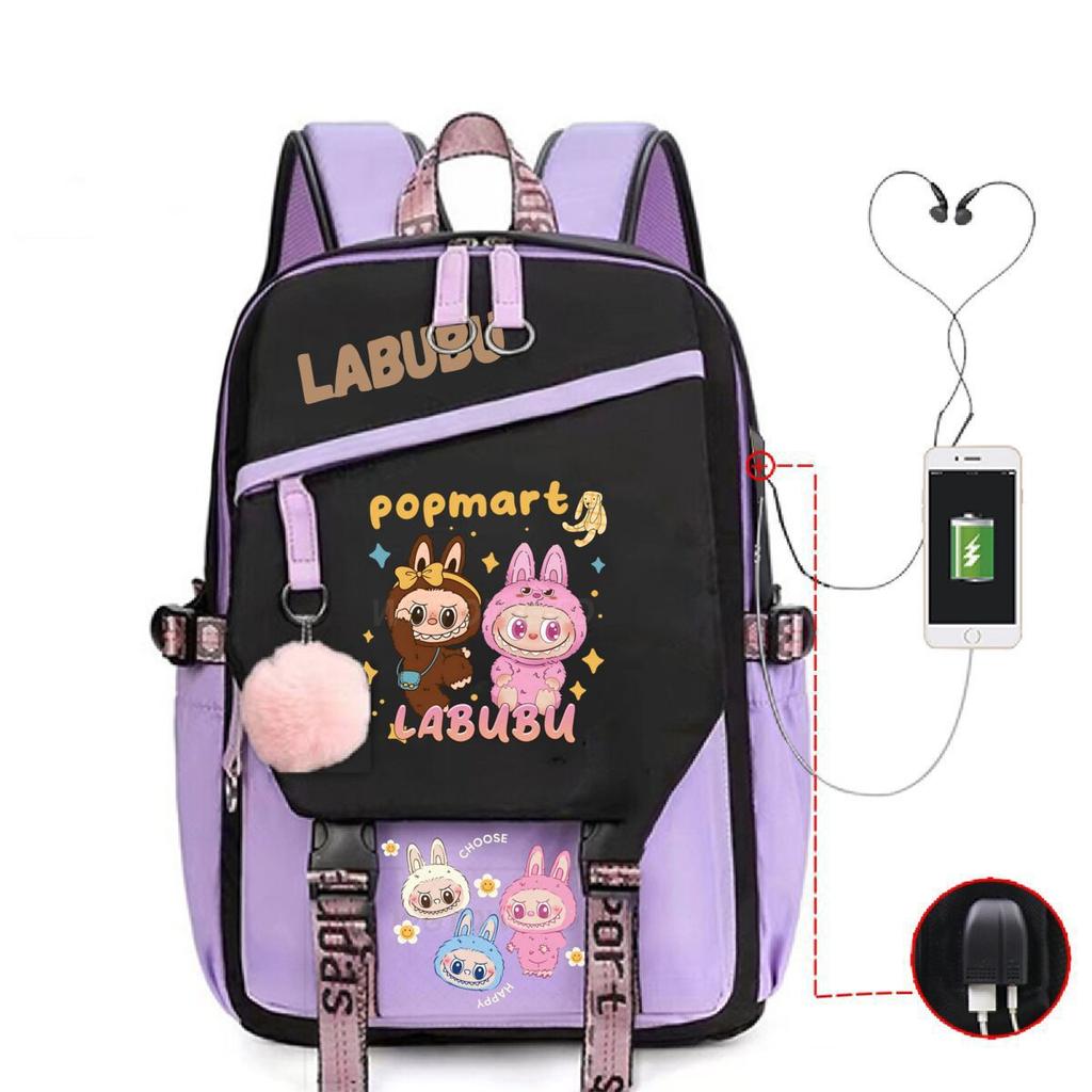 Labubu printed student schoolbag multi-function large capacity backpack with USB port
