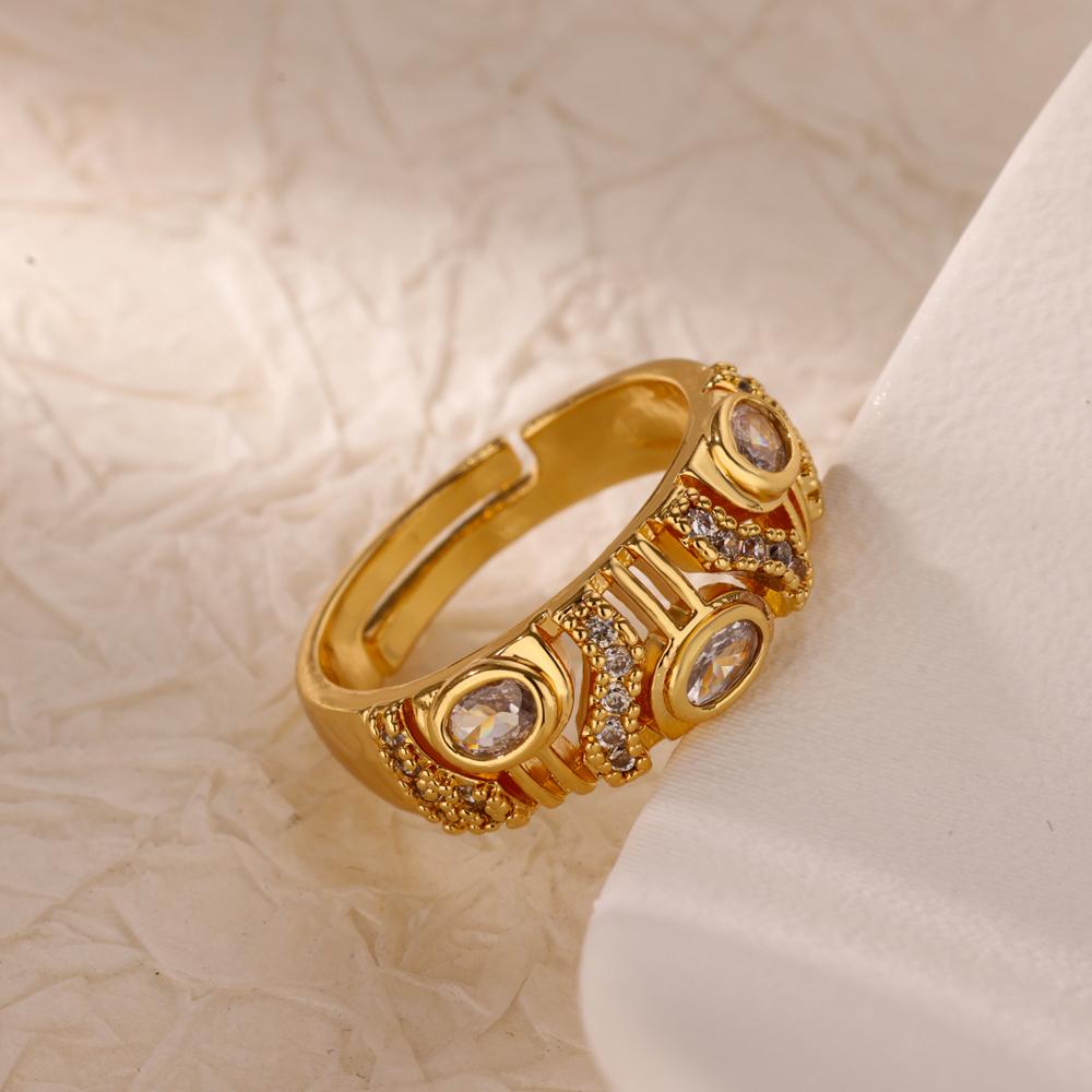 Geometric Zircon Chunky Wide Rings for Women Stainless Steel Gold Color Adjustable Ring Aesthetic Wedding Fashion Zircon Gift