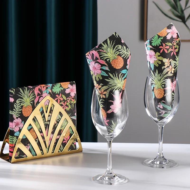 Pineapple Party Napkins, 33cm 2-Ply Black Background with Colorful Tropical Fruits & Flowers, Symmetrical Kaleidoscope Print for Holiday Summer Decor