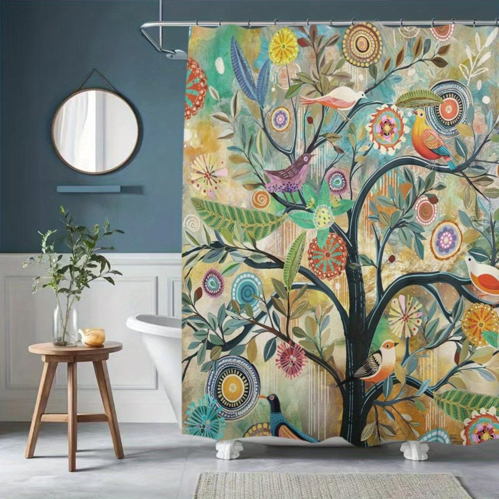 1pc Colorful Birds on Tree Floral Polyester Shower Curtain - Machine Washable Bathroom Decor with Hooks, Vibrant Botanical Pri