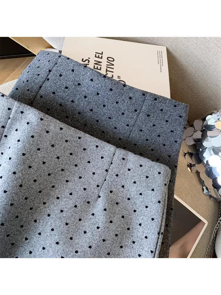 Woolen Retro Heart Polka Dot High-Waist Slim Skirt - 2025 Autumn/Winter Korean Style